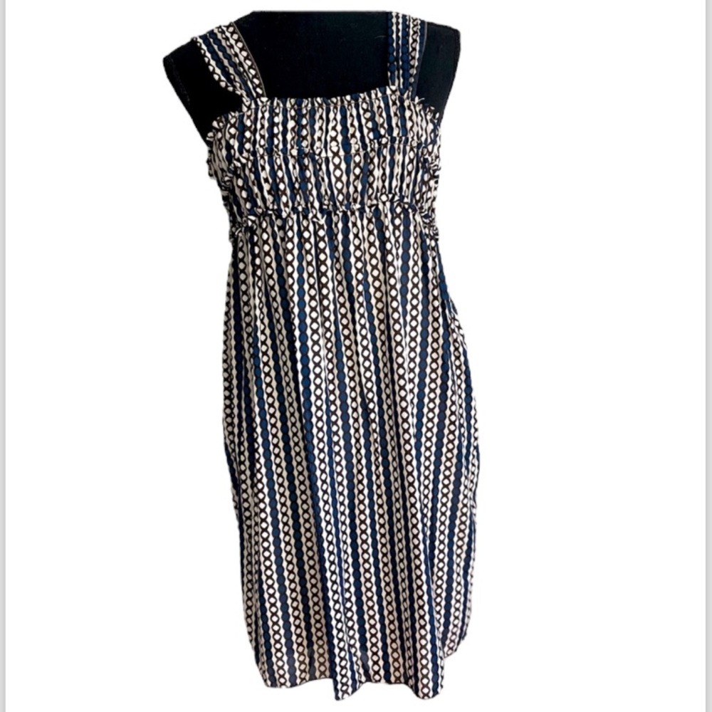 Max Studio Navy Cream Geometric Print Smocked Mini Dress XS